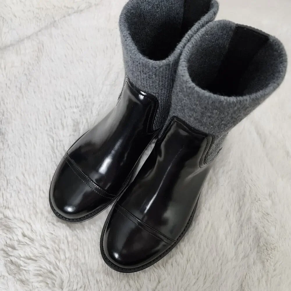 J.Crew Black Italian Leather Ribbed Knit Cuff Ankle Boots NIB NWT 6.5 BM708